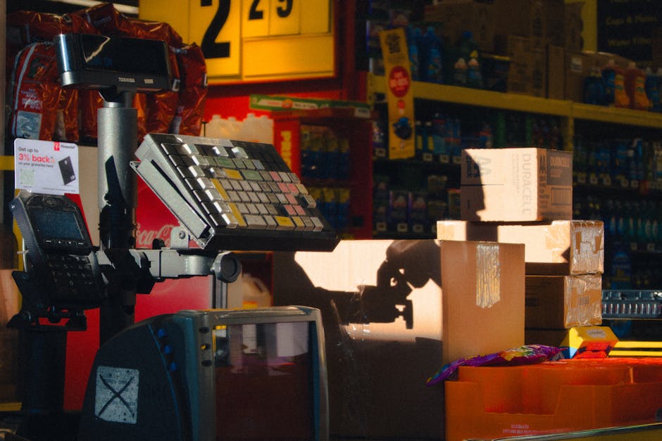 Inside a retail store, several cardboard boxes of varying sizes are stacked near the checkout area illuminated by natural light, casting shadows on the packaging. Some boxes are sealed with packing ta