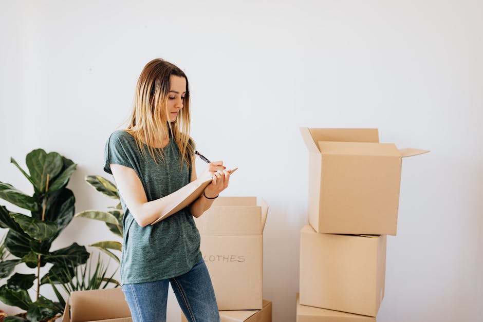 A man with a curly black afro and beard, dressed in a dark blue t-shirt with a patterned pocket, is sitting on a small wooden stool inside a room, surrounded by packed cardboard boxes of various sizes